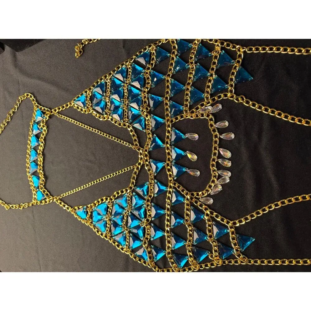 Rhinestone body chain bra, statement accessory bikini harness top body jewelry